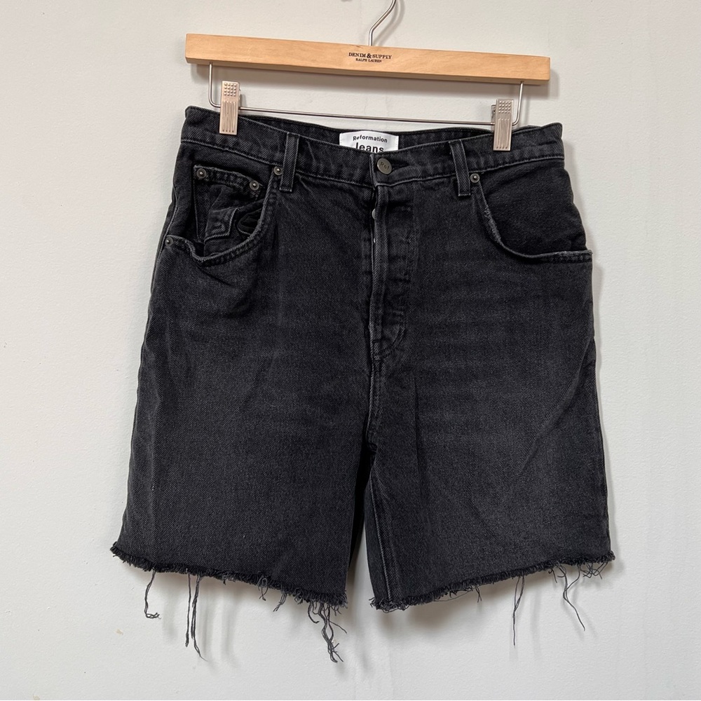 Reformation Black Distressed Frayed Hem Denim Shorts